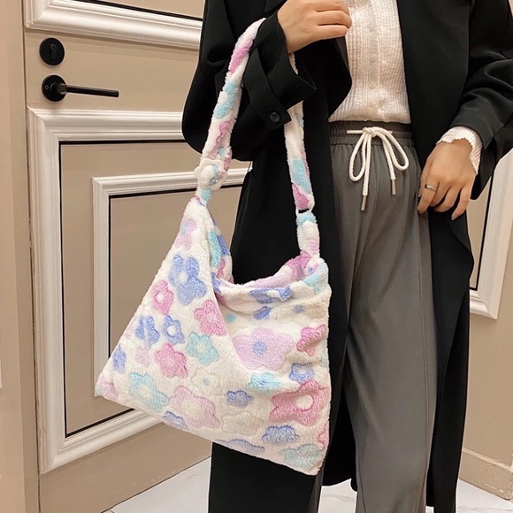 Tote crossbody bag white rainbow flower plush soft womens pink - Picture 3 of 12